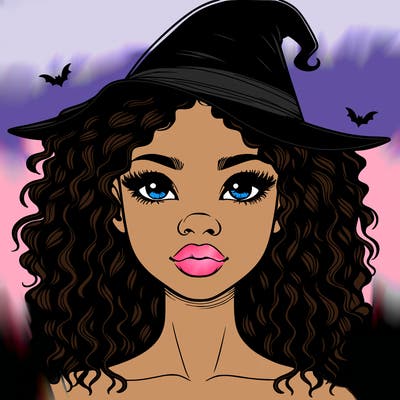 realistic black girl with wavy hair and witch hat and nose and lips