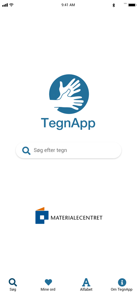 Pantalla de inicio de TegnApp mostrando un logotipo de lengua de señas y una barra de búsqueda de señas danesas.