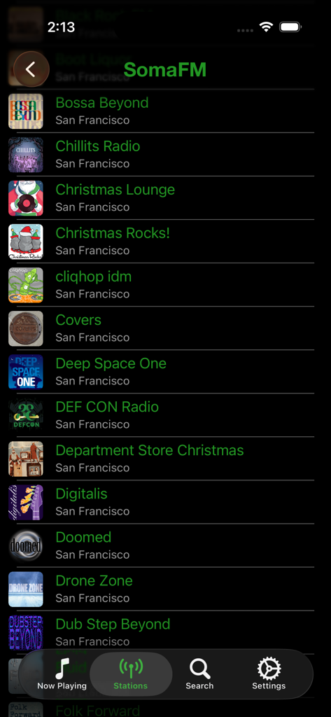 FrogRadio app interface showing a list of curated radio stations from SomaFM
