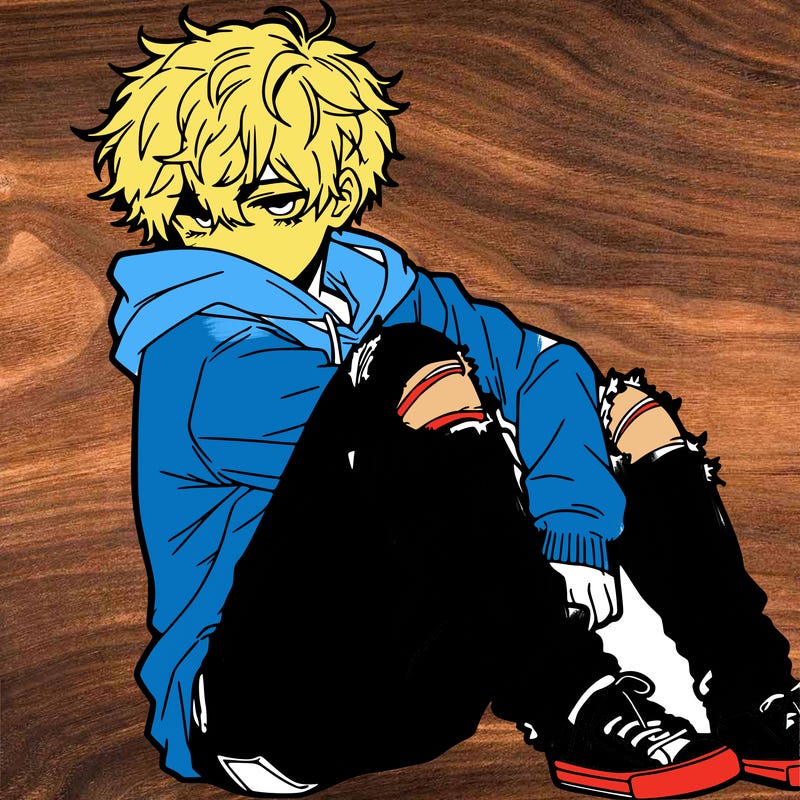 a male hoddie ripped jeans messy hair anime