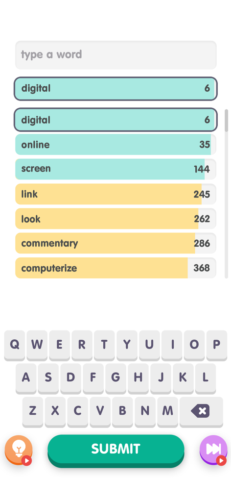 Contexto: Popular Words Game - Interface of Contexto word game with a list of guessed words and their proximity rankings