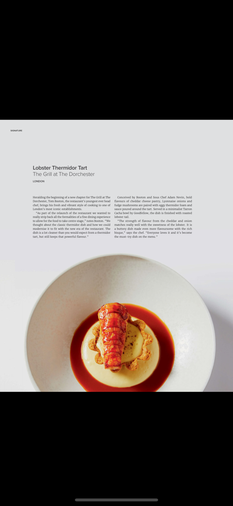 Supper Magazine - A digital magazine page featuring a gourmet Lobster Thermidor Tart from The Grill at The Dorchester in London
