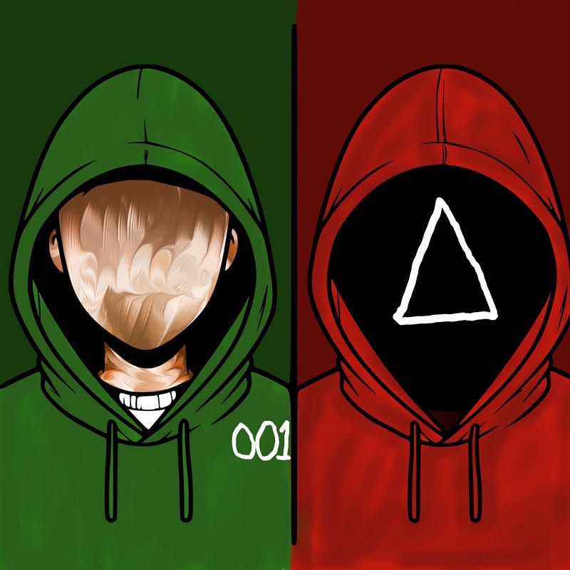 a person with a hoodie and no face, the drawing is split in 2