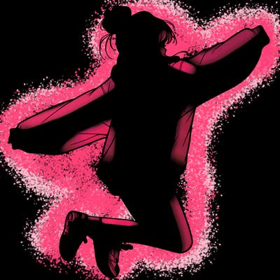 realistic girl jumping with a bun and oversized sweatshirt