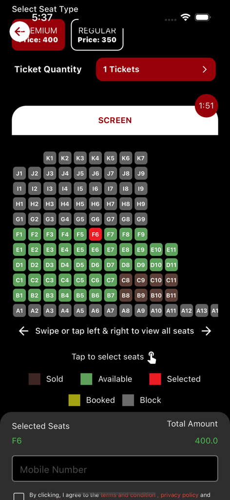 Lion Cinemas app seat selection screen showing a theater layout with available and selected seats