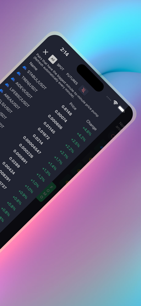 Crypto Fomo app interface showing real-time cryptocurrency price pumps and minute-to-minute percentage changes for trading pairs