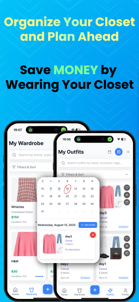 Dos teléfonos mostrando un armario digital y un calendario de planificación de atuendos para organizar looks de moda diarios