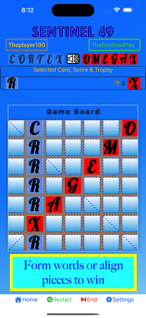 Sentinel49 game board showing a tactical word battle on a forty nine tile grid.