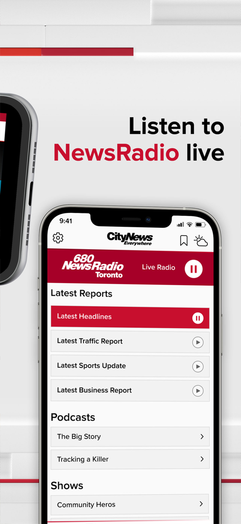 CityNews - Smartphone interface of the CityNews app displaying the Live News Radio player and local report updates