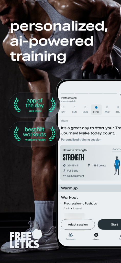 A phone screen displaying the Freeletics app with a personalized AI-powered HIIT workout plan and strength training session.
