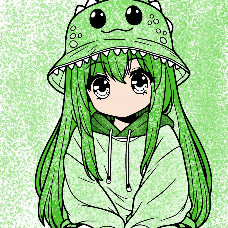 girl with anime shaped eyes with a dinosaur bucket hat oversized sweatshirt long straight hair