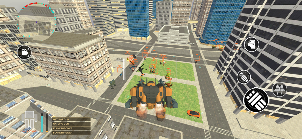 Survival in Brainrot: Shooter - Vista de juego en tercera persona de un robot naranja volando sobre un entorno urbano en Survival in Brainrot Shooter