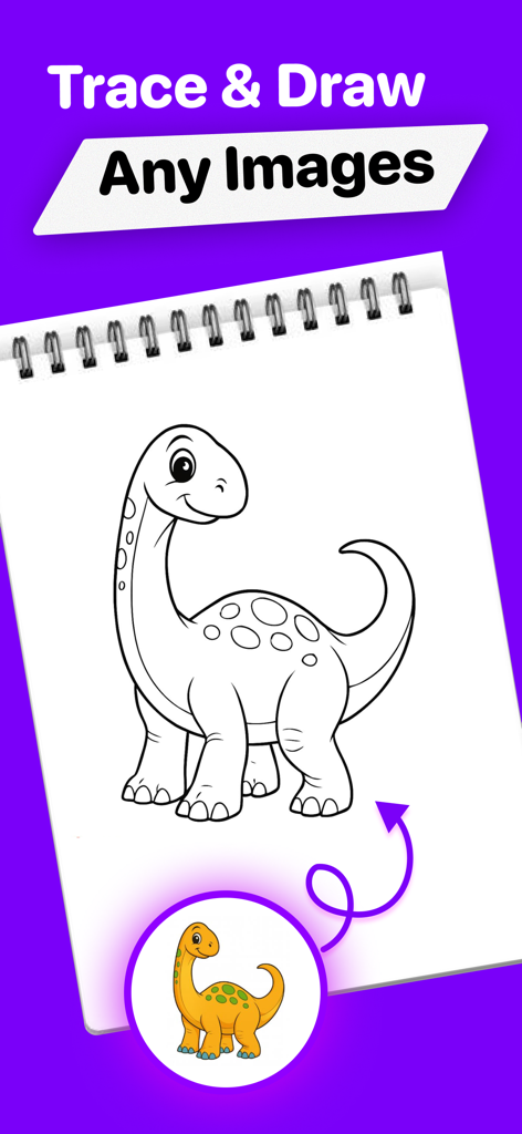 AR Drawing: Sketch & Paint+ - カラフルな参考画像の下に、スパイラルスケッチブックにかわいい恐竜の線画スケッチが描かれている。