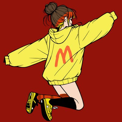 realistic girl jumping with a bun and oversized sweatshirt