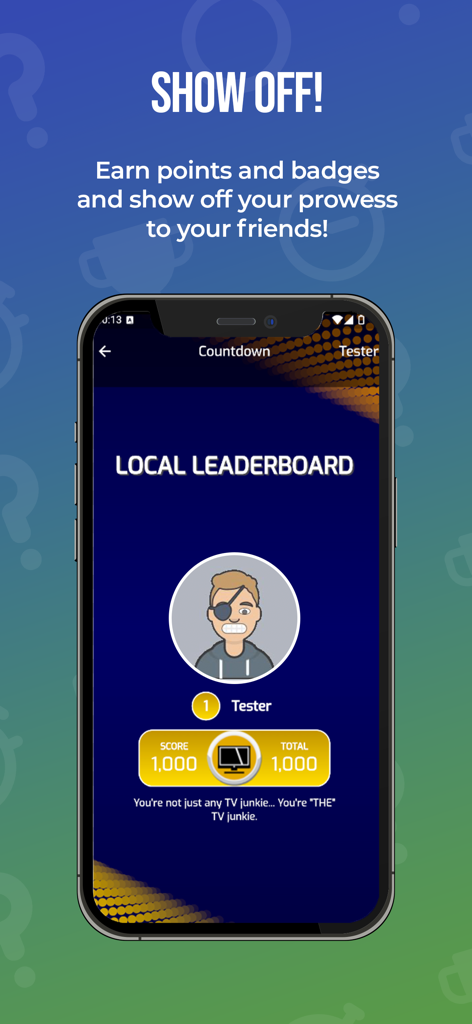 Buzztime Trivia - Buzztime Trivia app local leaderboard screen showing a player ranked first with a score of 1000.