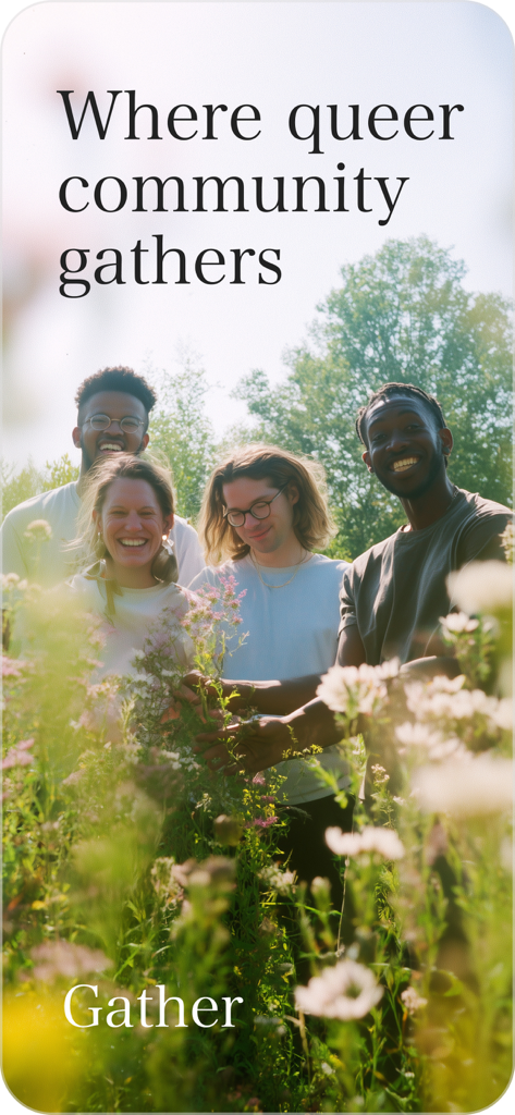 Gather - Un grupo diverso de amigos queer sonriendo y riendo juntos en un campo de flores silvestres