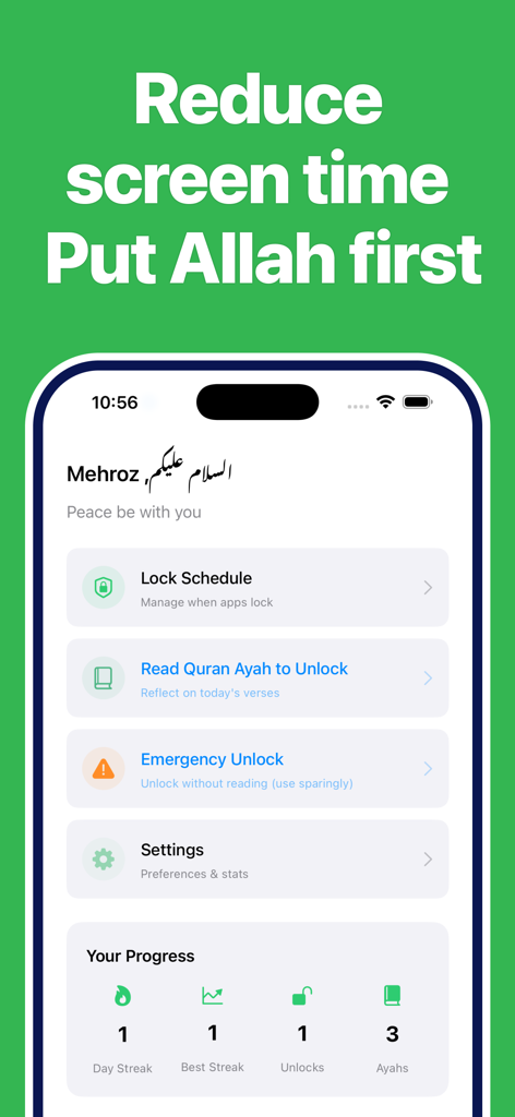 prayer lock: muslim focus - Das Haupt-Dashboard der Prayer Lock Muslim Focus App, das Funktionen wie Sperrpläne, Fortschrittsverfolgung und Koran-Ayah-Freigaben anzeigt