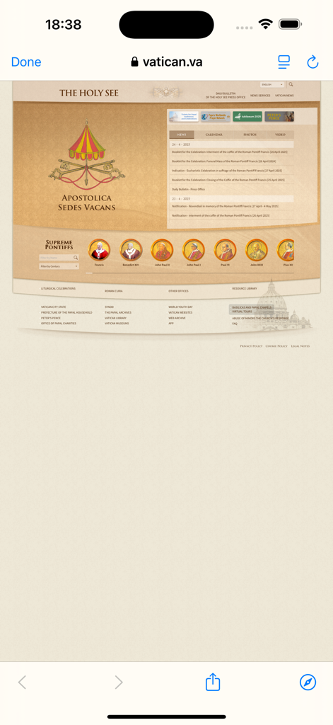 Vatican.va - Home screen of the official Vatican.va app showing papal news and a list of Supreme Pontiffs.