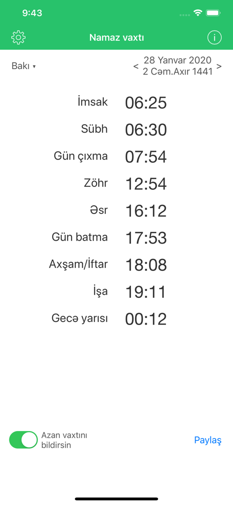 A screenshot of Namaz vaxti app displaying daily prayer times for Baku with an active notification toggle.