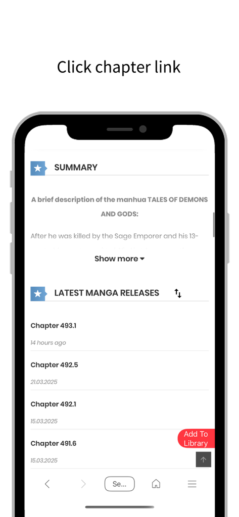 ReadSeek app interface showing a list of manga chapters for selection