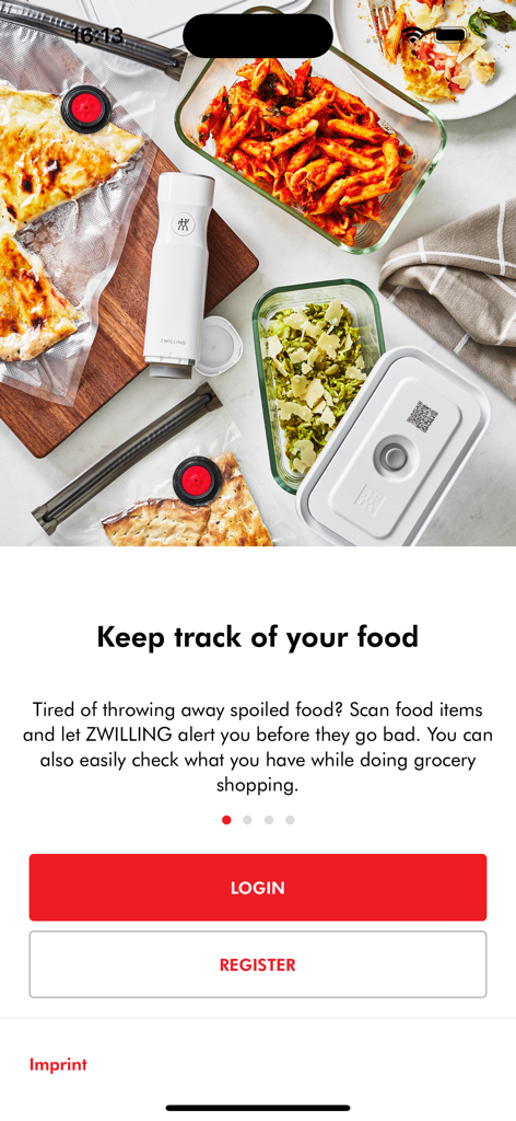 ZWILLING App - ZWILLING app onboarding screen featuring vacuum-sealed meal prep and food inventory management