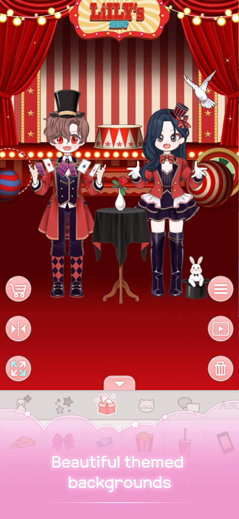 Lily Style - Dois avatares em estilo anime realizando um show de mágica em um palco de circo vermelho em Lily Style