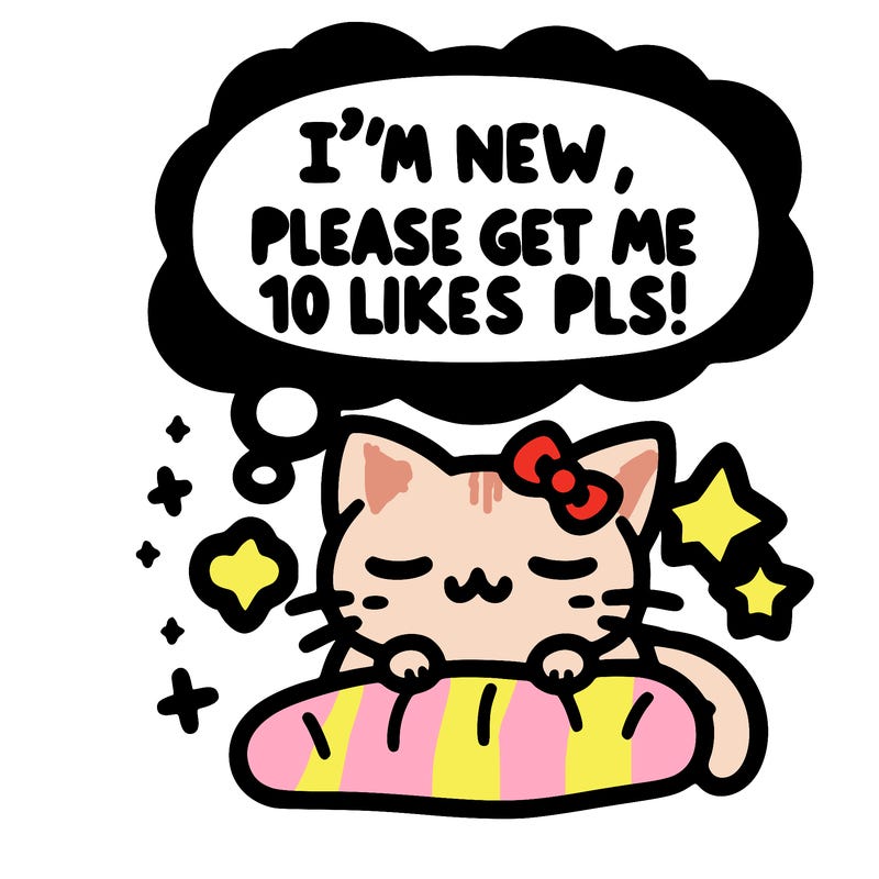 kitty taking a nap dream talking and saying "i'm new, please get me at least 10 likes pls!!"