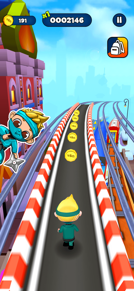 Personaje de Vlad y Niki corriendo en una pista colorida y recogiendo monedas de oro