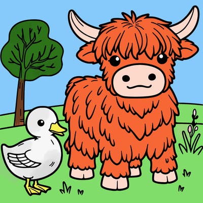 highland cow and duck