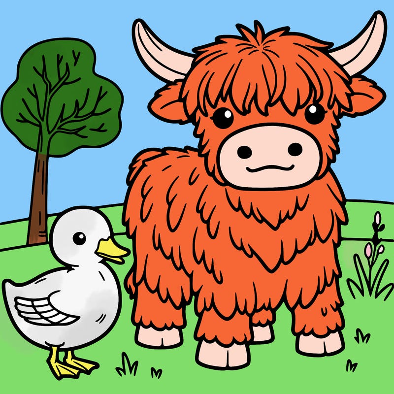 highland cow and duck