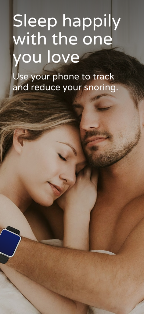 Koala Nap: Stop Snoring Now - A couple sleeping peacefully in bed using the Koala Nap app and an Apple Watch to track snoring