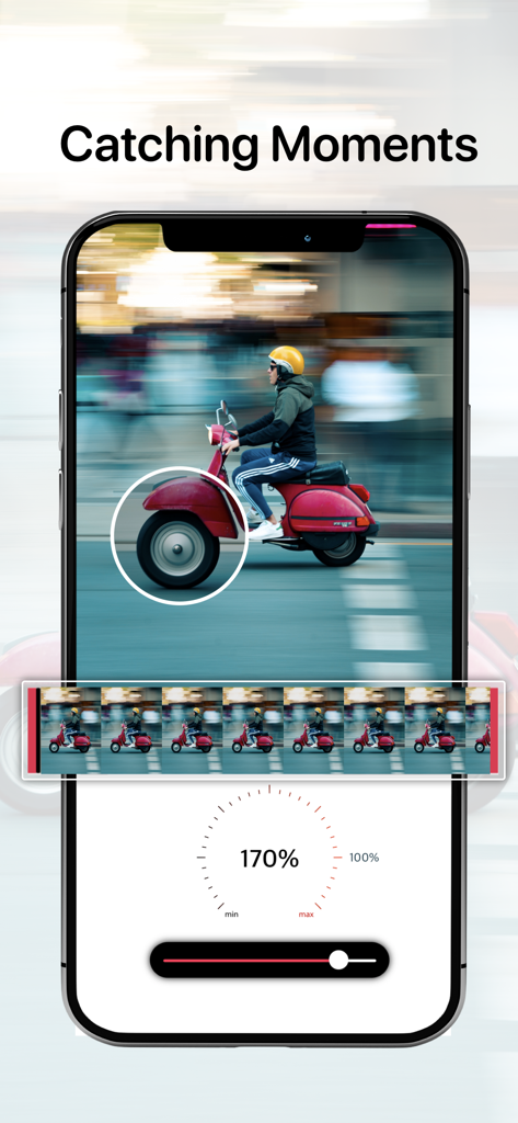 Oberfläche der App Slow Motion Video Maker Pro, die ein Geschwindigkeitsrad für ein Video einer Person auf einem Roller zeigt