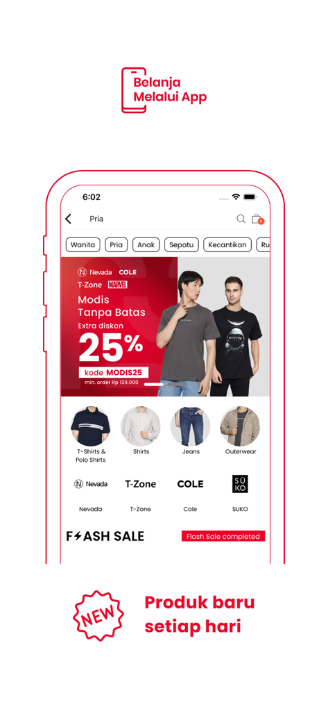 Matahari App - The Matahari app interface displaying the men's clothing section with a twenty five percent discount promo banner and product categories like shirts and jeans.