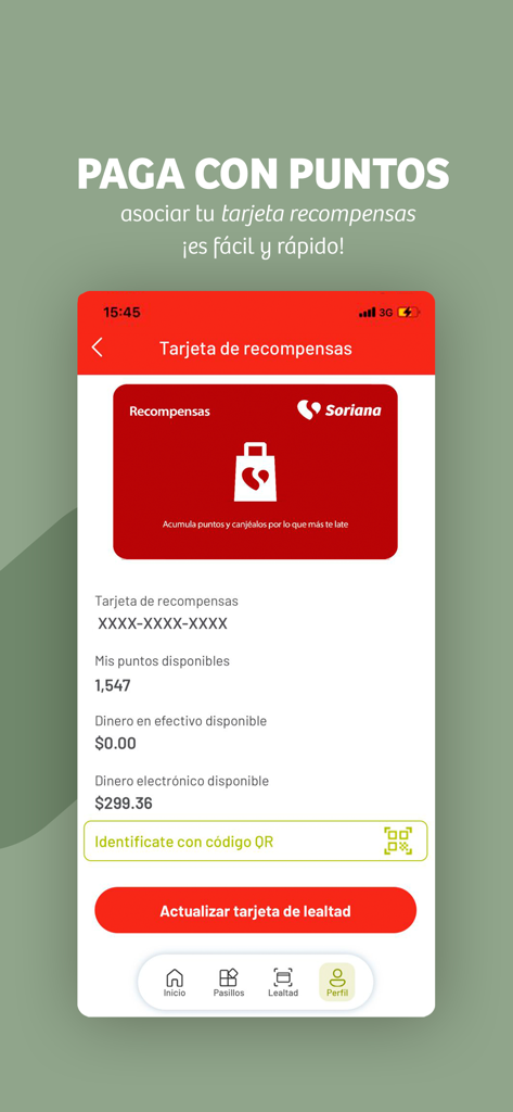 Tarjeta de recompensas digital y puntos disponibles en la App Soriana