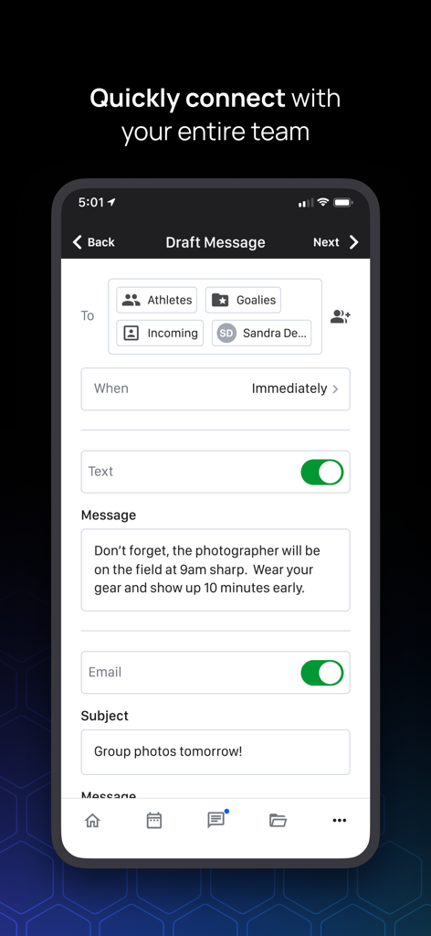 Teamworks app interface showing the draft message screen to send text and email notifications to athletes and staff