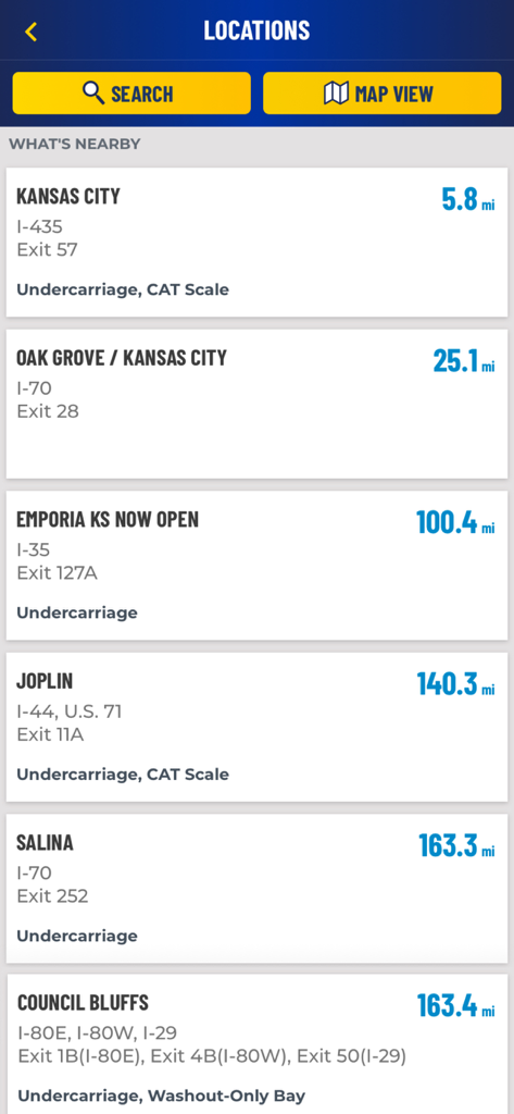 List of nearby Blue Beacon truck wash locations with distances and services