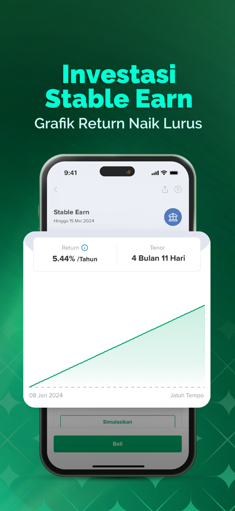 Bibit app interface showing a steady upward growth chart for stable earn investments with a five point forty-four percent annual return