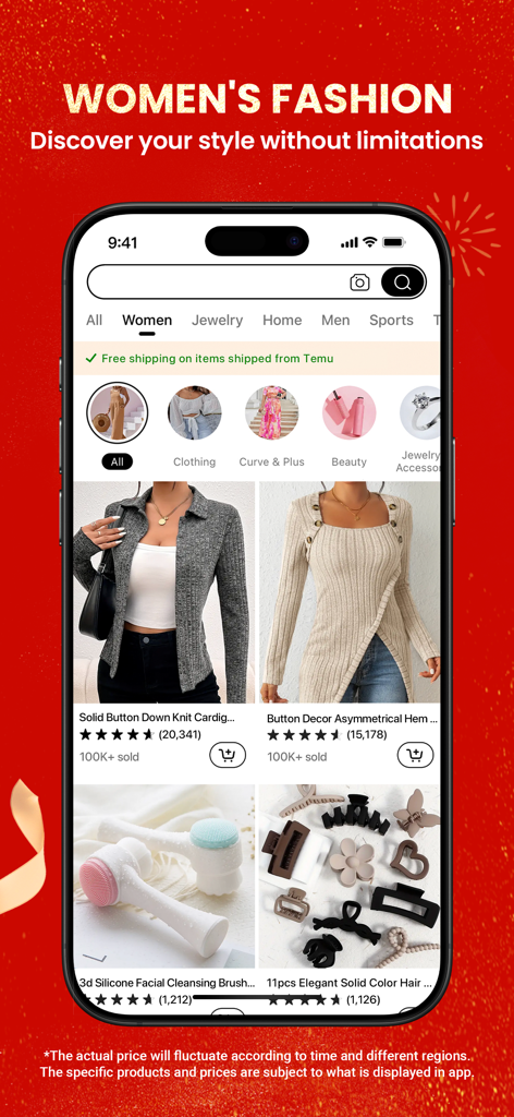 Temu app screen displaying women's fashion items and categories