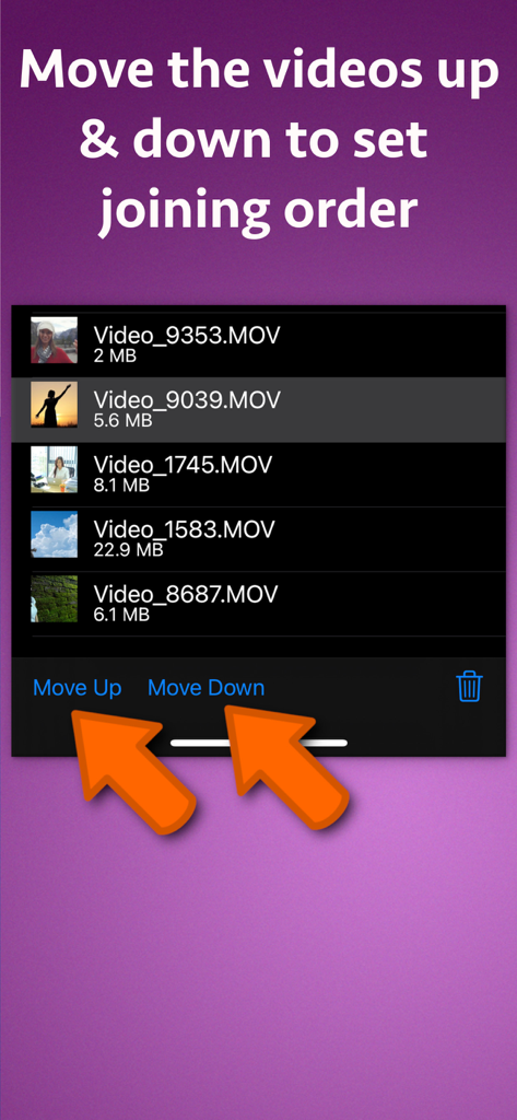 Video Joiner & Merger - Interfaz que muestra cómo mover videoclips hacia arriba y hacia abajo para establecer el orden de unión en la aplicación de fusión