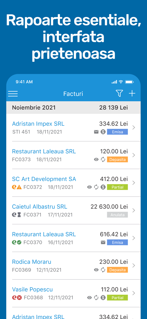 SmartBill - Interfaz de la aplicación móvil SmartBill mostrando una lista de facturas comerciales con estado de pago y montos