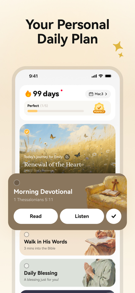 Blessed app interface showing a personalized daily spiritual plan with a morning devotional and a 99 day prayer streak