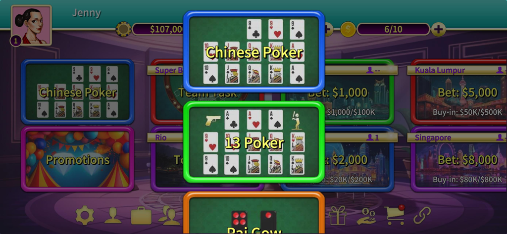 Pai Gow Online - KK Paigow 2 - Game lobby for Pai Gow Online featuring menu options for Chinese Poker and 13 Poker with city themed betting tables