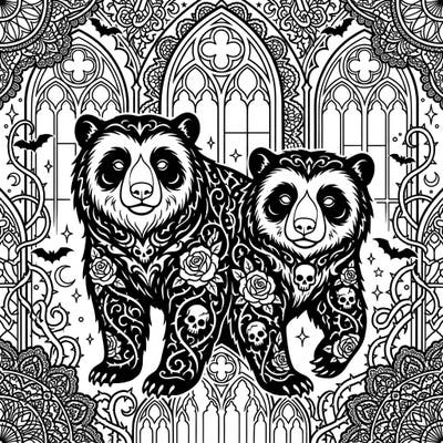 Dive into a world of shadowed beauty with this stunning coloring page featuring Spectacled Bears reimagined in a dramatic Gothic style. Adorned with intricate patterns of roses, skulls, and dark elegance, this template offers a truly unique and immersive coloring challenge.