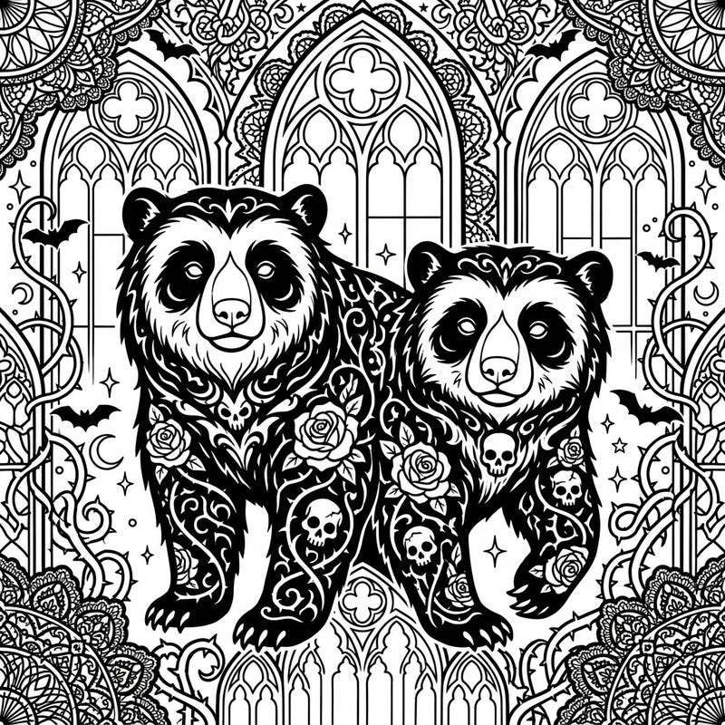 Dive into a world of shadowed beauty with this stunning coloring page featuring Spectacled Bears reimagined in a dramatic Gothic style. Adorned with intricate patterns of roses, skulls, and dark elegance, this template offers a truly unique and immersive coloring challenge.