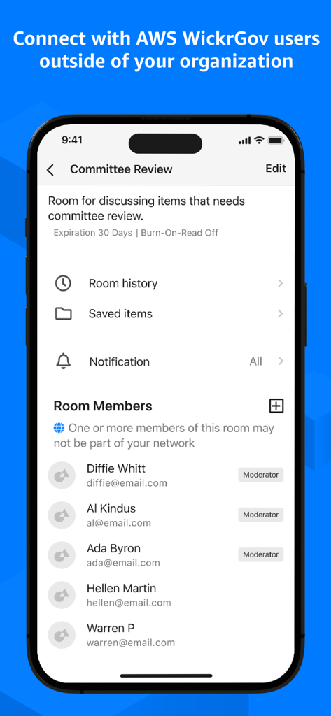 AWS WickrGov - Interfaccia di comunicazione sicura AWS WickrGov che mostra membri del gruppo esterni all'organizzazione.