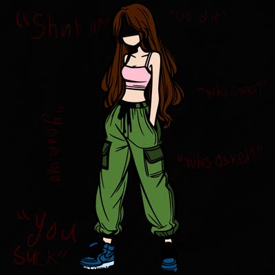 girl in baggy pants crop top and long hair