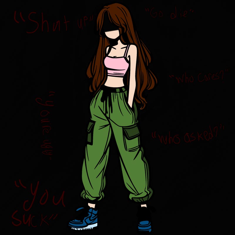 girl in baggy pants crop top and long hair