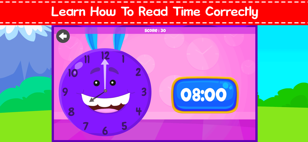 Purple monster analog clock and digital display showing 8 o clock for kids to learn time