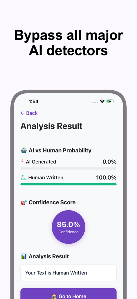App interface showing a 100 percent human written score to bypass AI detectors