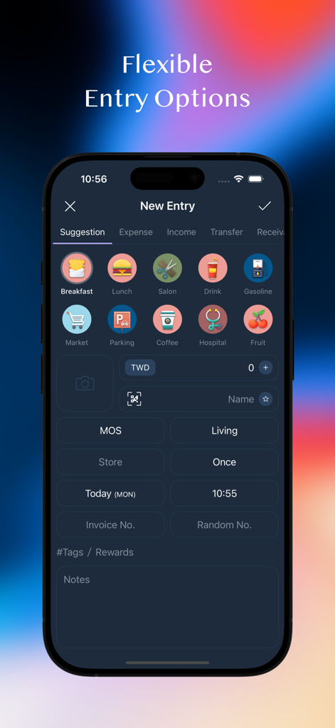 MOZE - Pantalla del iPhone que muestra las opciones flexibles de entrada de transacciones de la aplicación MOZE con iconos de categorías coloridos